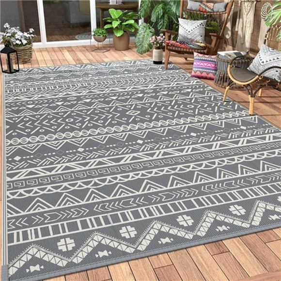 6'x9' Boho Outdoor Rugs, Waterproof Plastic Straw Rug, Reversible, Grey&White - Picture 1 of 6